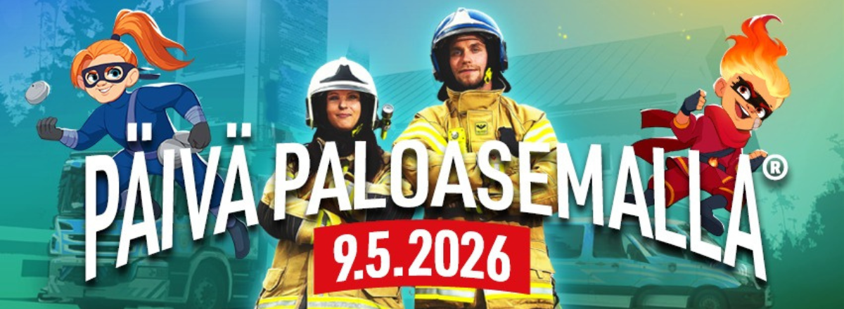 Kaksi palokuntalaista ja kaksi P&auml;iv&auml; Paloasemalla -piirroshahmoa, teksti P&auml;iv&auml; Paloaseamalla 9.5.2026
